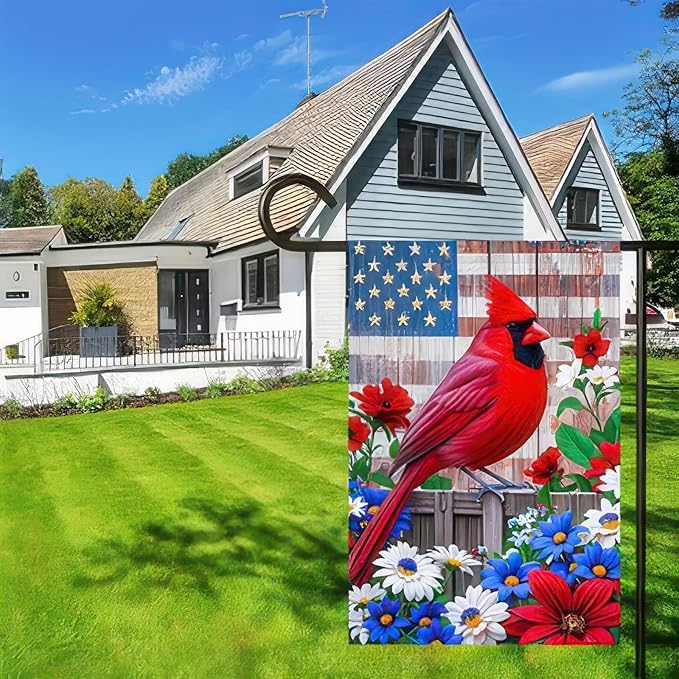 BlissYard Patriotic 4th of July Cardinal Bird Garden Flag American Memorial Day Yard Red Bird Dogwood Flower USA America Outside Decoration Summer Outdoor Small Decor Double Sided 12x18