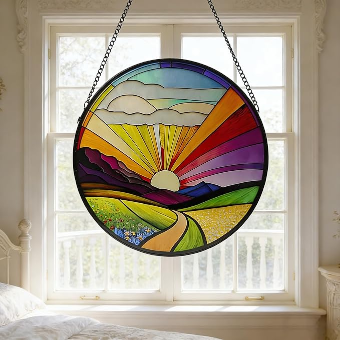 Stained Glass Window Hanging, 9.8 Inch Vibrant Sunrise Landscape Suncatcher Decor Colorful Pastoral Sun Catcher for Windows Home, Garden, Porch Decor