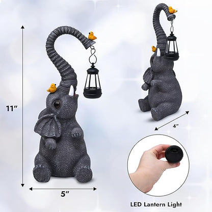 Gift Boutique Garden Decor Elephant Statues with Lantern Light Outdoor Elephant Figurine Yard Lawn Patio Decorations Resin Animal Sculpture with LED Hanging Lamp