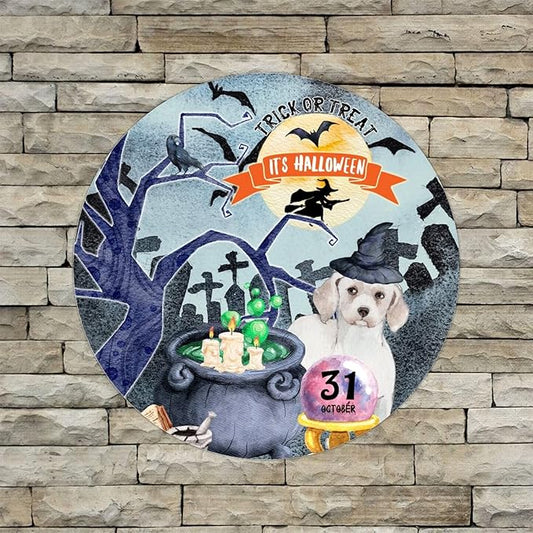 Retro Metal Sign 12"x12",Happy Halloween Scary Night Grave Witch Bats Trick Or Treat Dog Aluminum Tin Metal Sign for Home Living Room Bedroom Garden Farm Patio Decor Wall Art Poster