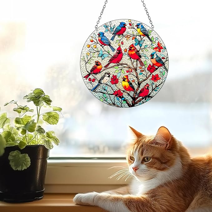 Large Size Cardinal Stained Glass Window Hanging, Cardinal Suncatcher Garden Decor, Hand Painted Red Bird Window Suncatchers, 8.6in Memorial Ornament for Bird Lovers Women
