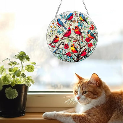 Large Size Cardinal Stained Glass Window Hanging, Cardinal Suncatcher Garden Decor, Hand Painted Red Bird Window Suncatchers, 8.6in Memorial Ornament for Bird Lovers Women