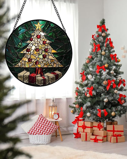 Stained Glass Window Hanging - Golden Christmas Tree Suncatcher for Doors Home Christmas Decoration Winter Sun Catcher Thanksgiving New Year Birthday Gifts for Women Men Mom Nana Girl 11.8 in
