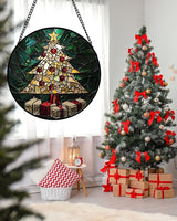 Stained Glass Window Hanging -Golden Christmas Tree Suncatcher for Doors Home Christmas Decoration Winter Sun Catcher Thanksgiving New Year Birthday Gifts for Women Men Mom Nana Girl 15 in