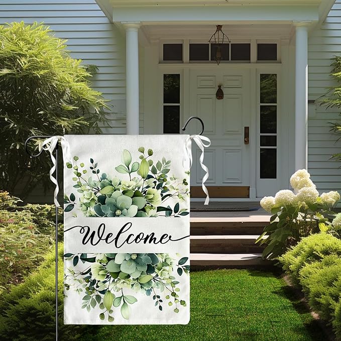 Spring Summer Welcome Garden Flags 12x18 Inch Double Sided Green Eucalyptus Leaves Floral Garden flag Seasonal Yard Flags for Outside Decorations Banner for Outdoor Farmhouse Yard