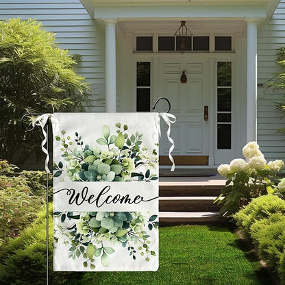 Spring Summer Welcome Garden Flags 12x18 Inch Double Sided Green Eucalyptus Leaves Floral Garden flag Seasonal Yard Flags for Outside Decorations Banner for Outdoor Farmhouse Yard