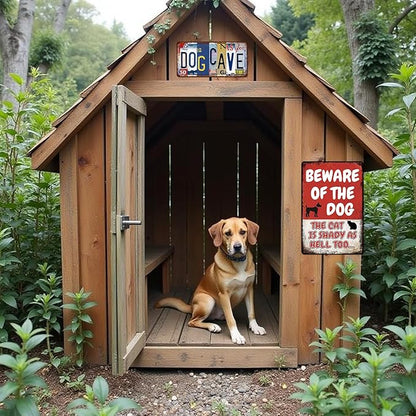 Beware of Dog Signs for Fence Funny Metal Warning Sign Yard Decor Beware of Dog The Cat Is Shady Too Tin Sign Dogs Room Decor 8x12 Inch