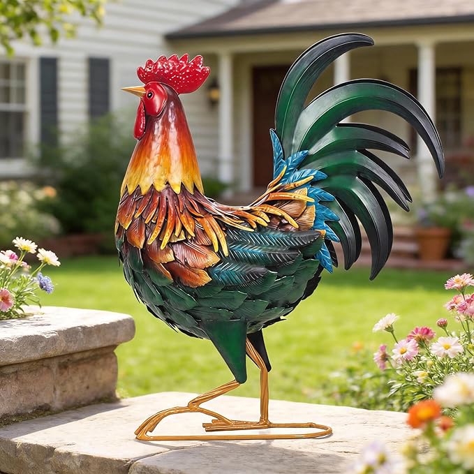 Ratuor Metal Rooster Decor Garden Statue,Chicken Yard Art Decoration Outdoor Sculpture for Backyard Patio Kitchen Lawn Ornaments,Birthday Housewarming Gifts for Women Mom