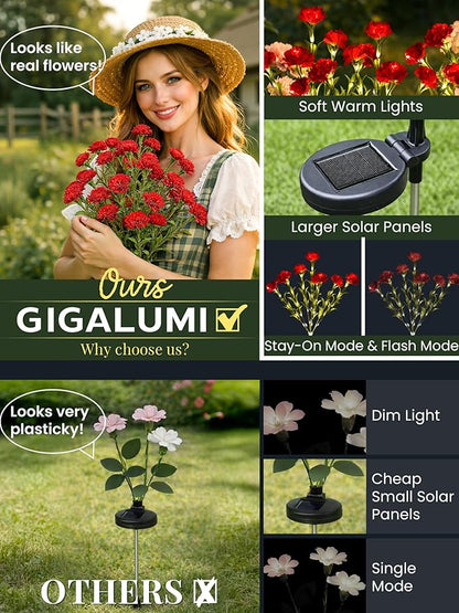 GIGALUMI Solar Lights Outdoor for Garden Decor, 2 Pack Solar Flower Lights Waterproof, 2 Lighting Modes 14 Carnations for Pathway,Yard, Patio Decoration, Gardening Gifts for Women (Red)