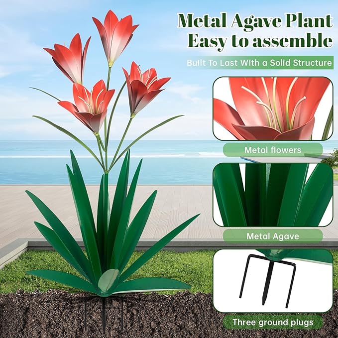 TOMBABY 32.28 Inch Metal Agave Plant Outdoor Decoration Lily Mexican Yard Art Garden Gift Home Decor Hand Painted Metal Agave Garden Yard Statue (1, Green)