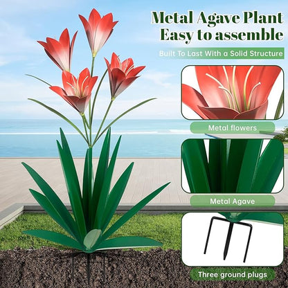 TOMBABY 32.28 Inch Metal Agave Plant Outdoor Decoration Lily Mexican Yard Art Garden Gift Home Decor Hand Painted Metal Agave Garden Yard Statue (2, Green)