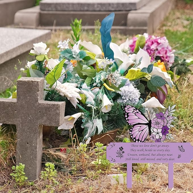 Rngmsi Grave Decorations for Cemetery Memorial, Metal Memorial Garden Stakes for Loss of Mother Father Loved Ones, Purple Plaques Markers for Cemetery Humans Outdoor Yard