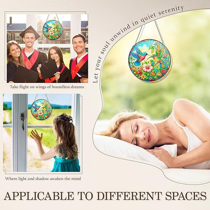 Stained Glass Window Hanging, Hummingbirds Sun Catchers Stained Glass Panels for Indoor Windows Wall Art Decor, Birthday Gift for Mom Women Wife Men Lovers (7.87inch)