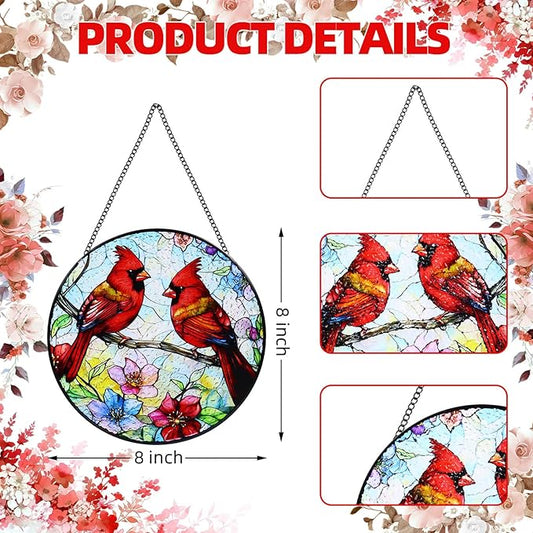 Stained Glass Window Hanging, 8 in Cardinal Sun Catchers, Diamond Glass Panel Landscape Suncatcher for Home Decor - Gift for Bird Lovers Women Mother's Day Christmas