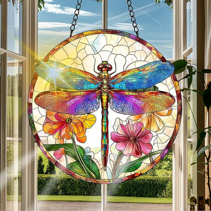 VAIIEYO Dragonfly Sun Catcher Stained Glass Window Hanging Ornament, Handmade Sun Catcher Animal Decoration with Hooks for Window Garden Home, Mother's Day & Birthday Housewarming Gift (7.8 inch)