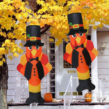 2PCS Thanksgiving Turkey Windsocks, Fall Thanksgiving Outdoor Hanging Windsocks for Tree Lawn Patio Garden Yard Decor, Fade Resistant Outdoor Wind Sock Flag for Fall Party Festival Decorations