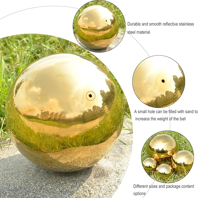 Nerien Gazing Ball, 2 Inch Stainless Steel Garden Mirror Globe, Polished Ornament Sphere, Hollow Floating Reflective Hemisphere, for Home Outdoor Pond Housewarming Swimming Decoration, Gold, 5pcs