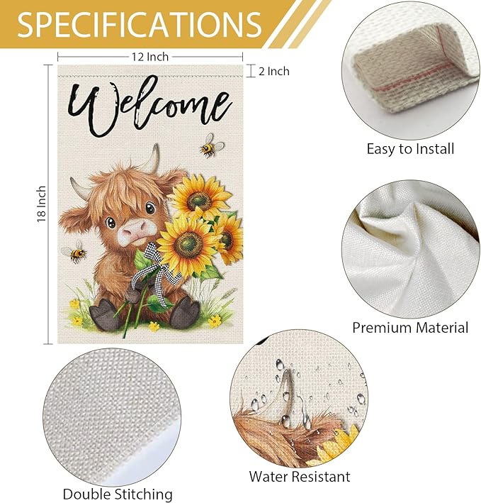 Heyfibro Welcome Summer Highland Cow Garden Flag 12x18 Double Sided Burlap Spring Flower Sunflower Bee Small Yard Banner for Rustic Seasonal Outside Outdoor House Decoration (ONLY FLAG)