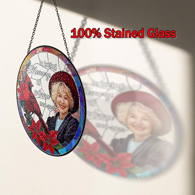 Personalized in Loving Memory Stained Glass Suncatcher, Custom Photo Window Hanging with Name & Date, Red Cardinal Suncatcher Remembrance for Loss of Loved One, Grandparent Memorial Gift