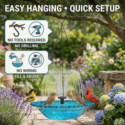 Hanging Solar Bird Bath Fountain - Outdoor Hanging Bird Bath with Solars Pump & Glass Bowl for Patio Yard Decor (Pink)