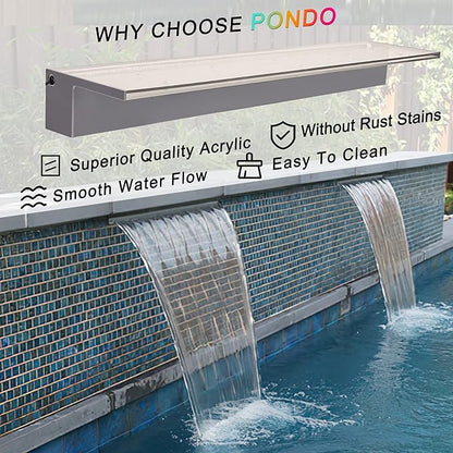 PONDO 36'' APP Pool Waterfall with 16 Colors LED Lights, Acrylic Pond Fountain Set for Outdoor Decorations, Patio Waterfall Spillway Kit on The Wall for Garden, Easy Installation