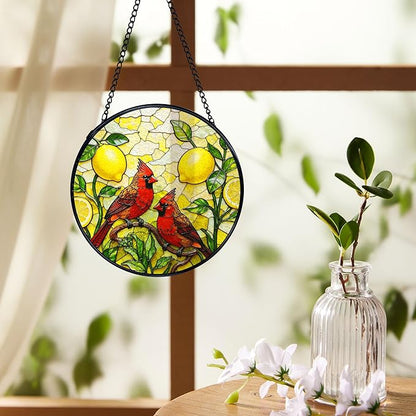 Lemon Cardinal Suncatchers Stained Glass Window Hanging, Lemon Kitchen Decor, Red Cardinal Sun Catchers Indoor Window Glass Round Wall Decor, Kitchen Mediterranean Wall Hanging, 7.9x7.9in