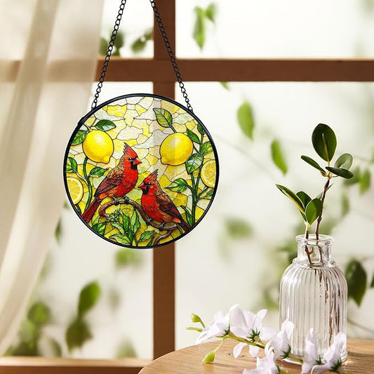 Lemon Cardinal Suncatchers Stained Glass Window Hanging, Lemon Kitchen Decor, Red Cardinal Sun Catchers Indoor Window Glass Round Wall Decor, Kitchen Mediterranean Wall Hanging, 7.9x7.9in