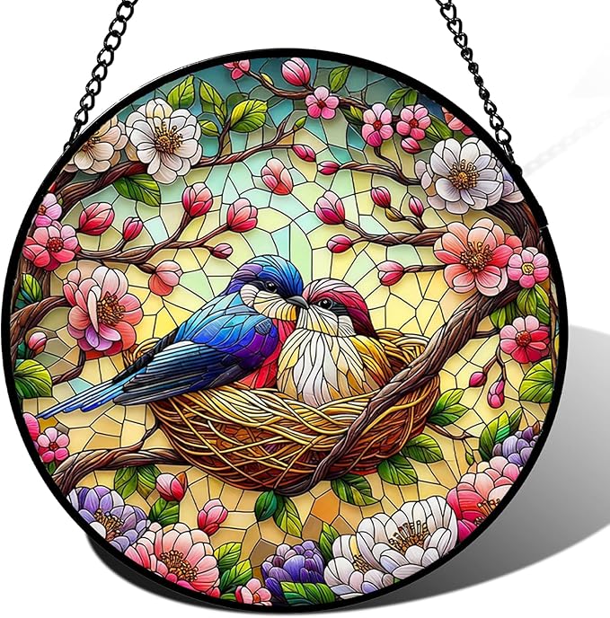 Stained Glass Window Hanging, Colorful Hummingbird and Flower Branch Suncatcher for Window Doors Garden Home Decoration, Cardinal Panel Ornaments for Women,Men,Wife, Lovers, and Mom 7.8×7.8 in