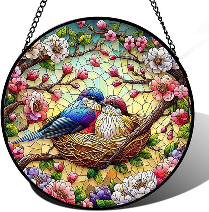Stained Glass Window Hanging, Colorful Hummingbird and Flower Branch Suncatcher for Window Doors Garden Home Decoration, Cardinal Panel Ornaments for Women,Men,Wife, Lovers, and Mom 7.8×7.8 in
