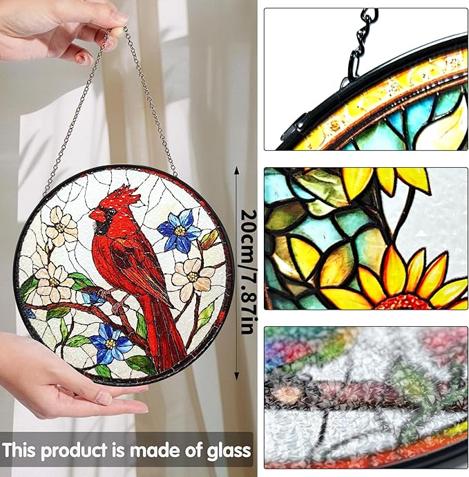 Bimkole Red Bird Stained Glass Suncatcher Window Hanging - Flowers Design for Indoor Window or Doorway Decoration - 7.87x7.87 inch with Chain and Hook - Unique Home Decor Gift