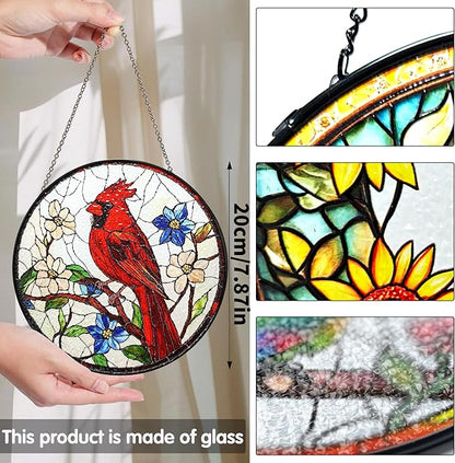 Bimkole Red Bird Stained Glass Suncatcher Window Hanging - Flowers Design for Indoor Window or Doorway Decoration - 7.87x7.87 inch with Chain and Hook - Unique Home Decor Gift