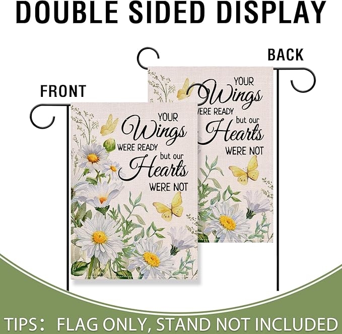 Artofy Memorial Daisy Flower Small Decorative Garden Flag, Your Wings Were Ready Floral Butterfly Cemetery Yard Lawn Outside Decor, Spring Summer Burlap Outdoor Home Decoration Double Sided 12 x 18