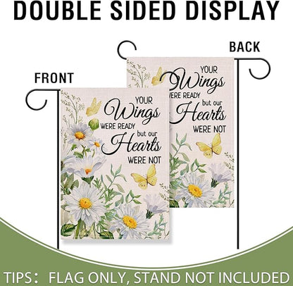 Artofy Memorial Daisy Flower Small Decorative Garden Flag, Your Wings Were Ready Floral Butterfly Cemetery Yard Lawn Outside Decor, Spring Summer Burlap Outdoor Home Decoration Double Sided 12 x 18
