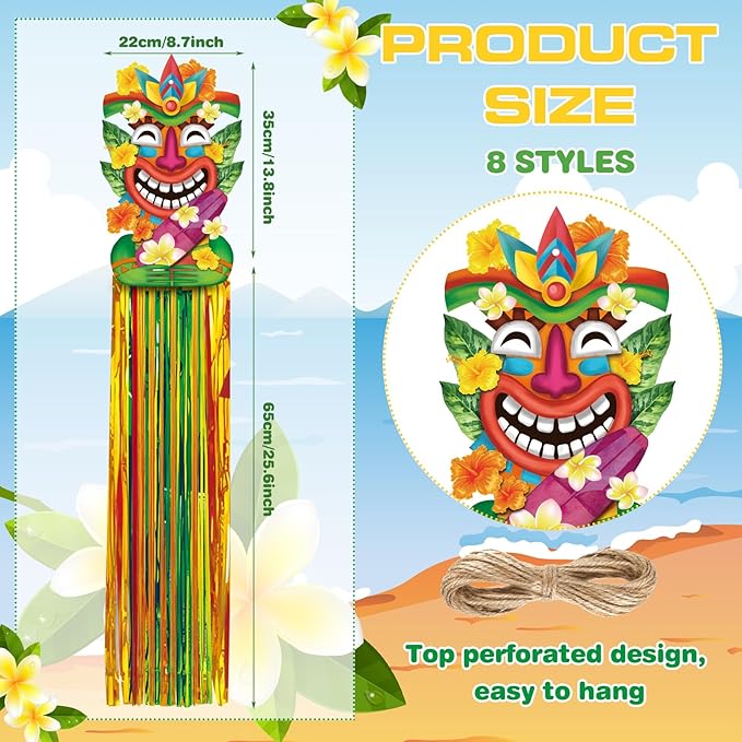 Affrolling 8 Pcs Hawaiian Luau Party Decoration Tiki Totem Hanging Decorations with Tassels for Aloha Hawaii Luau Tropical Birthday Party Supplies 3.3 ft Outdoor Summer Tiki Door Banner Sign Decor