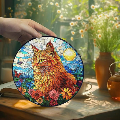 Orange Cat Stained Glass Suncatcher - Orange Cat Lovers Gifts Window Hanging Garden Decor, Memorial Pet Loss Sympathy Ornament, Christmas, Birthday, for Grandma, Friends, Mom, Women