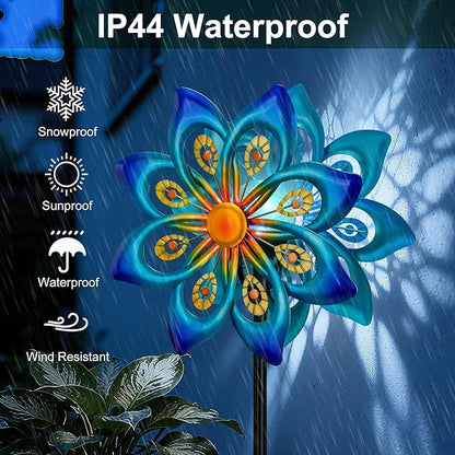 Solar Wind Spinners Outdoor - H60xW13 Metal Yard Art Kinetic Wind Spinners with Colorful LED Crackle Ball, Peacock-Style Windmill for Yard Lawn Garden Decor, Gardening Gifts for Women