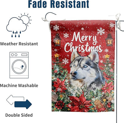 Christmas Husky Garden Flag Merry Christmas Dog Yard Flag for Outside Xmas Flags 12x18 Double Sided Red Poinsettia Garden Flags Winter Porch Decorations Outdoor