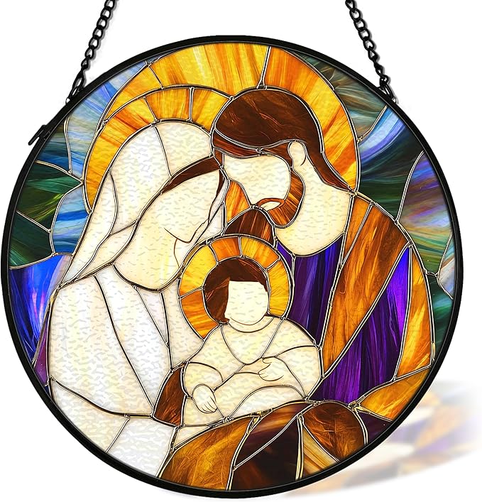 Christian Baby Jesus Nativity Suncatcher Stained Glass Window Hanging Decor, Christian Christmas Stained Glass Wall Decor Gifts, Nativity Scene Garden Lawn Sun Catchers Window Art, 7.9x7.9In