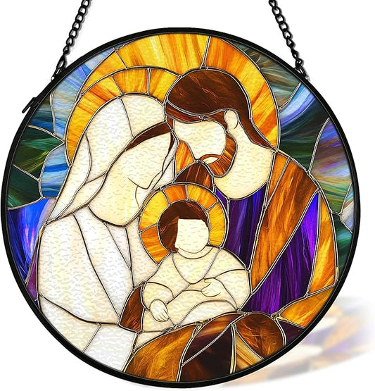 Christian Baby Jesus Nativity Suncatcher Stained Glass Window Hanging Decor, Christian Christmas Stained Glass Wall Decor Gifts, Nativity Scene Garden Lawn Sun Catchers Window Art, 7.9x7.9In