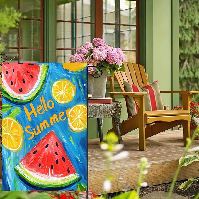 BlissYard Hello Summer Garden Flag Double Sided 12 x 18 Fruity Watermelon Lemon Juice Small Decorative Farmhouse Yard Seasonal Decor Outdoor Outside