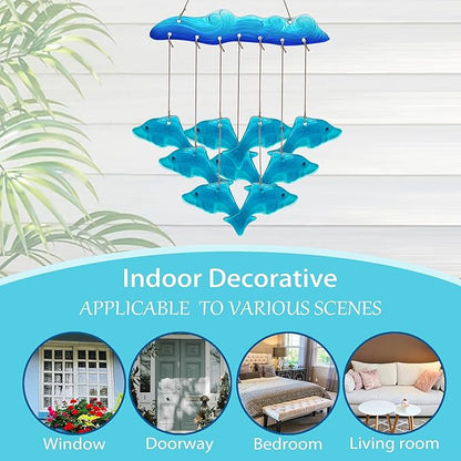 Sea Glass Dolphin Fish Wind Chimes for Outside, Windchimes Outdoors Unique, Patio Beach Outdoor Home Garden Decor, Windchimes Outdoors, Memorial Garden Christmas Decoration Gifts