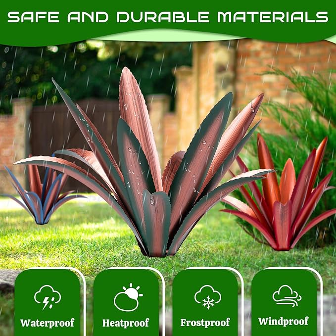 Large Tequila Rustic Sculpture, Rustic Metal Agave Plants for Outdoor Patio Yard Mexican Plant Garden， Agave Outdoor Lawn Ornaments Yard Stakes (Green 2pc)