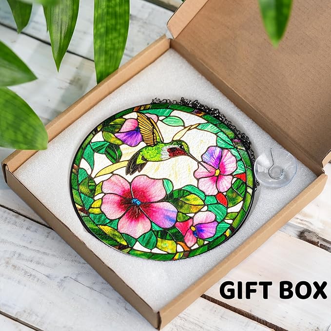 7.8" Hummingbird Stained Glass Suncatcher, Bird Suncatcher for Window Hanging, Art Decor for Home Garden Housewarming, Gift for Mom, Grandma, Women, Friend, Bird Lover BIRD-31B-SG8