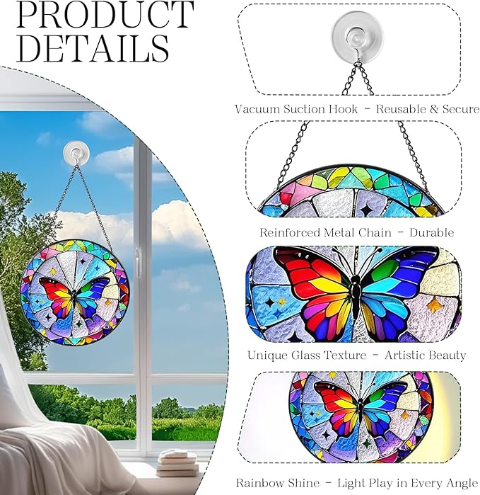 Butterfly Sun Catcher Stained Glass Window Hanging, 7.8" Suncatcher Glass Panel Window Decoration, Nature Lover Gift for Women, Wall Garden Art Decor, Gift for Birthday Christmas & Holidays