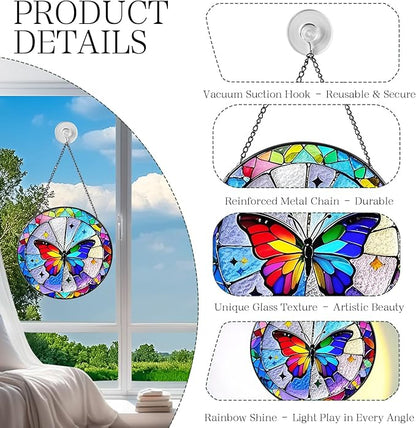 Butterfly Sun Catcher Stained Glass Window Hanging, 7.8" Suncatcher Glass Panel Window Decoration, Nature Lover Gift for Women, Wall Garden Art Decor, Gift for Birthday Christmas & Holidays
