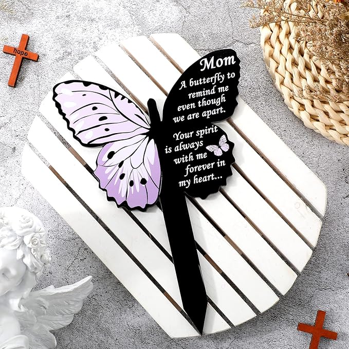 Geosar Mom Memorial Stakes Cemetery Grave Plaque Stake Markers Memorial Butterfly Plaques for Outdoors Sympathy Garden Stake Acrylic Waterproof Garden Grave Decoration(Cute Style)