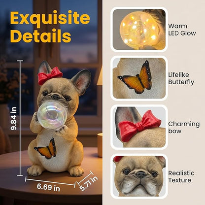Solar Garden Dog Statue, French Bulldog Garden Statue with LED Bubble and Butterfly, Detachable Outdoor Decorative Stake, Waterproof Yard Decor for Patio, Lawn, Porch, Holiday and Birthday Gifts