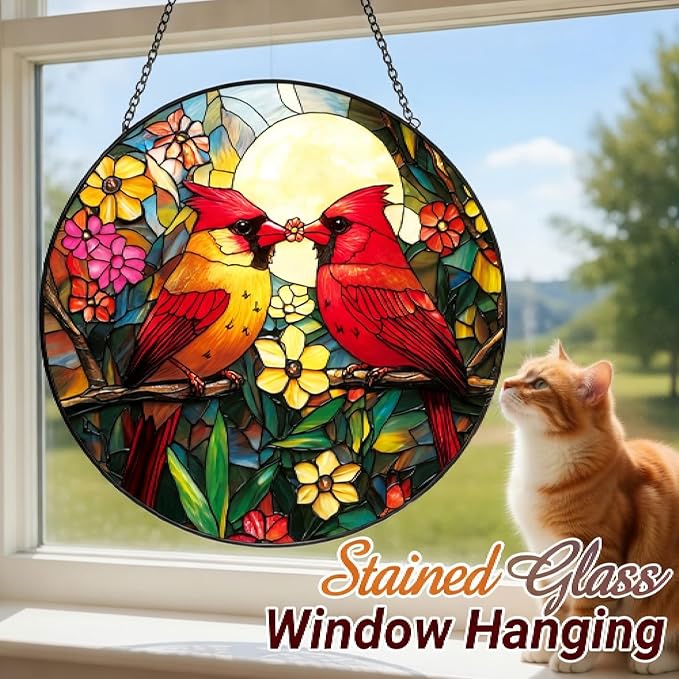 Cardinal Stained Glass Suncatcher - Red Bird Sun Catcher, Painted Glass Panel Decor, Sun Catchers Indoor Window, Gift for Bird Lovers, Mom, Grandma, 6.31IN