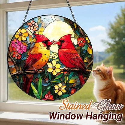 Cardinal Stained Glass Suncatcher - Red Bird Sun Catcher, Painted Glass Panel Decor, Sun Catchers Indoor Window, Gift for Bird Lovers, Mom, Grandma, 6.31IN