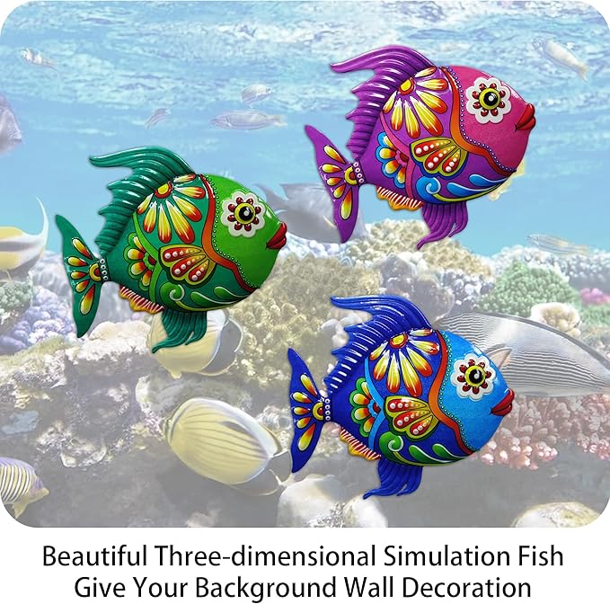John's Studio Metal Fish Sea Wall Decor Outdoor Garden Hanging Art Sculptures Home Ocean Theme Decorations for Kitchen Bathroom and Pool - 3 PCS